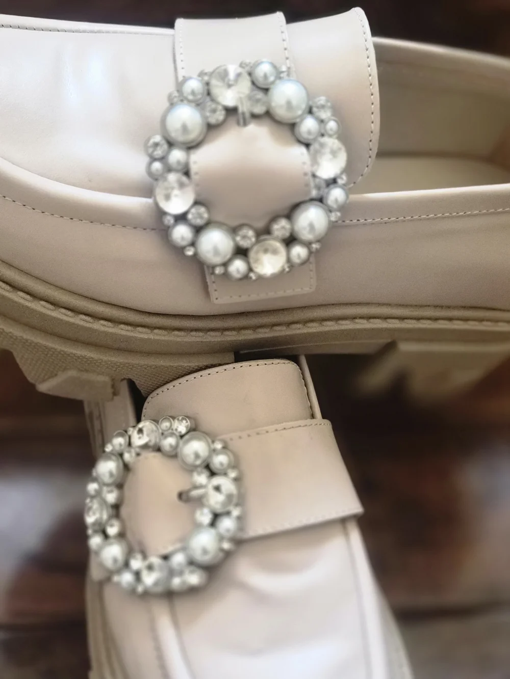 ALOHAS Beige Pearl-Embellished Lug Loafers